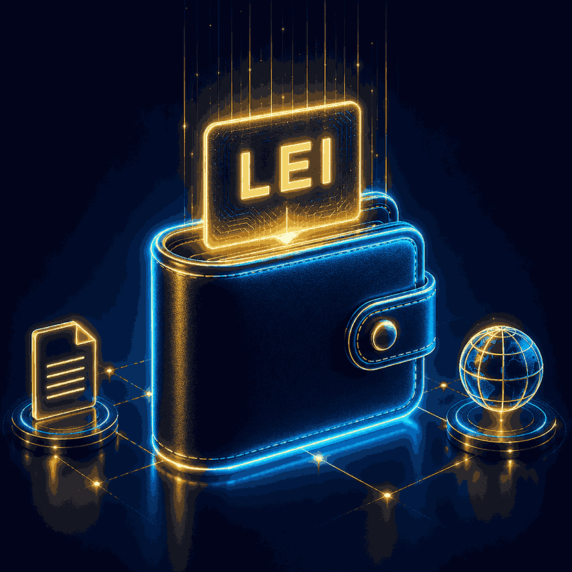 LEI code card entering a digital wallet — illustration of the LEI code and the European Business Wallet